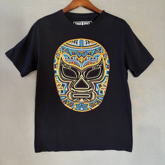 CHAKACHAKA Men's Black Colorful Lucha Libre Mask Print T-Shirt Medium Luchador - Picture 1 of 8